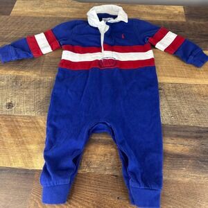 Ralph Lauren Baby Boy Blue Red White Striped Rugby Romper 6M Long Sleeve Collar